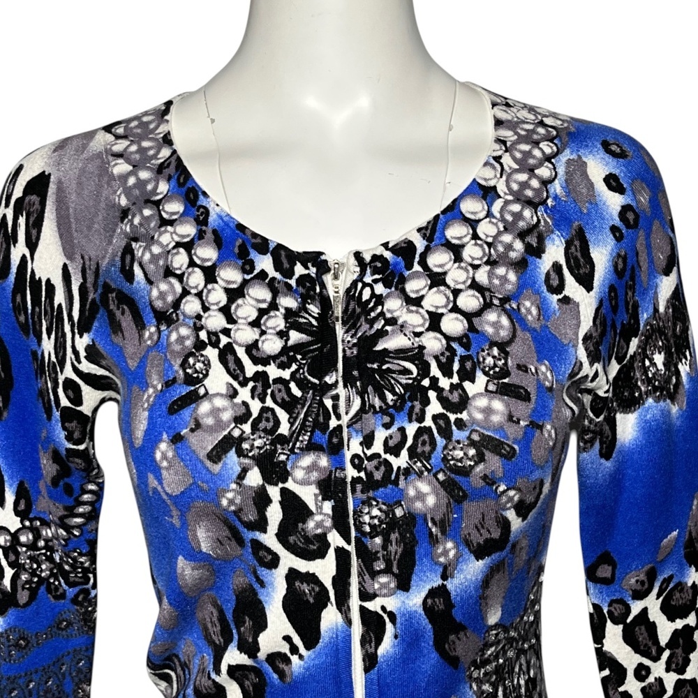 Cache Leopard Print Rhinestone Embellished Knit Cardigan Sweater Blue Size Small - Picture 2 of 9